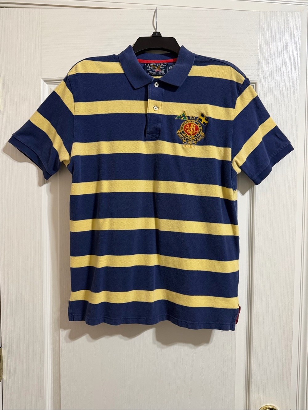 Men’s American Living Navy and Yellow Striped Polo